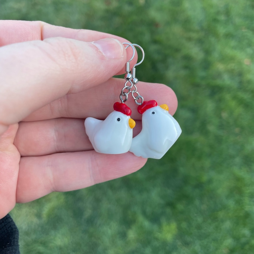 Acrylic Chicken Earrings with Silver Accents